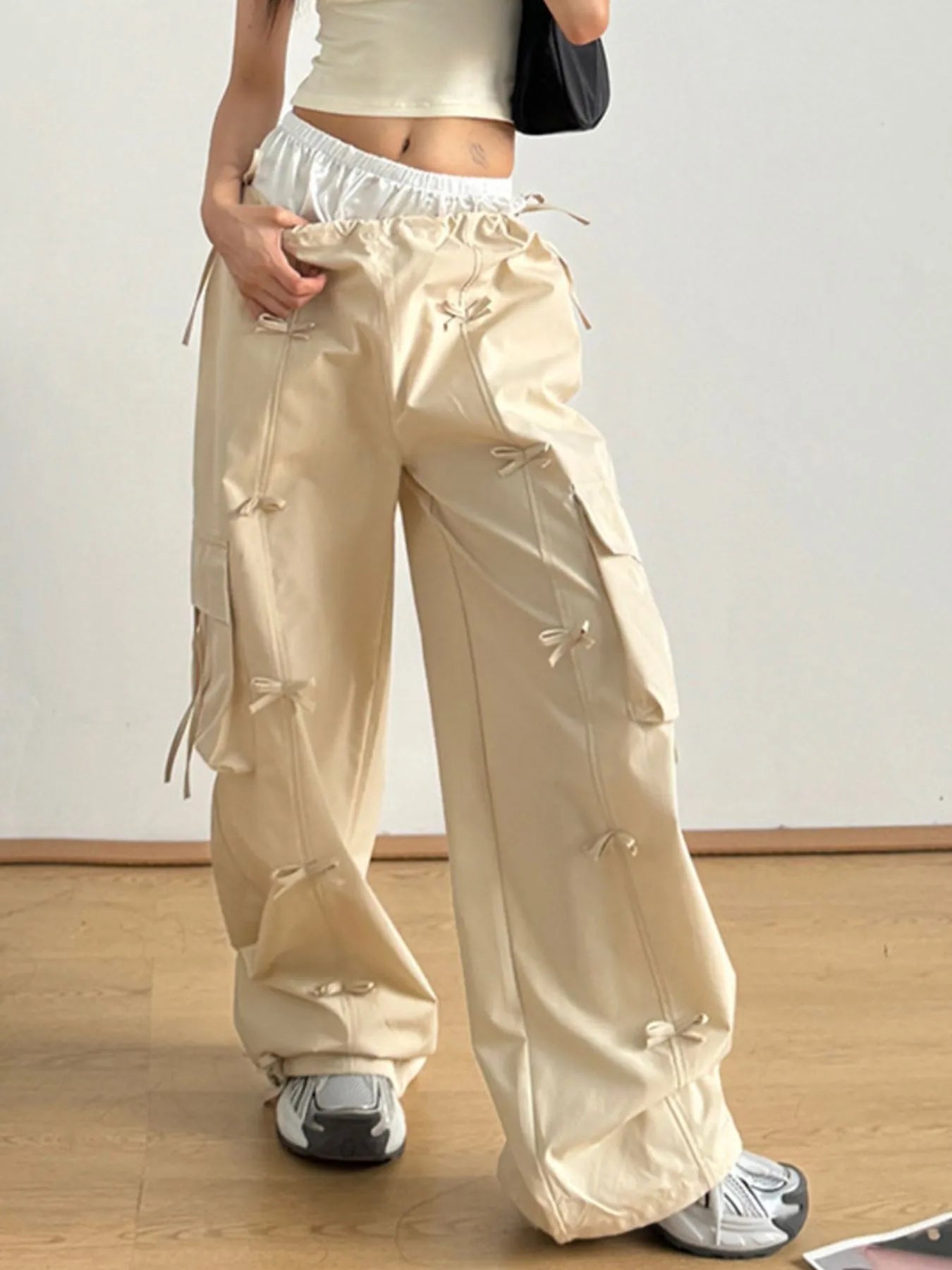 Bow Elastic Waist Cargo Pants - Grace Beauty H&C