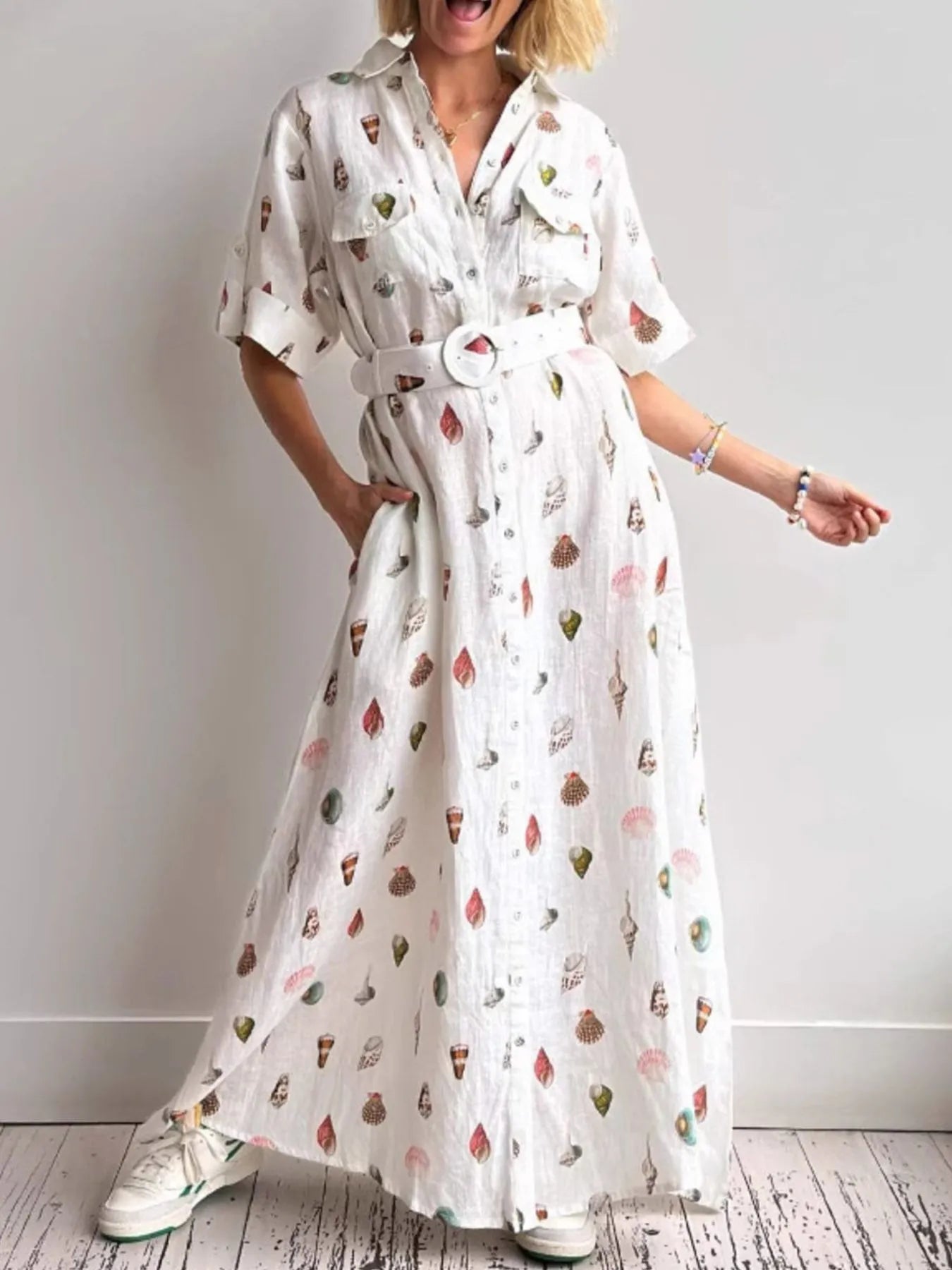Printed Button Up Maxi Shirt Dress - Grace Beauty H&C 