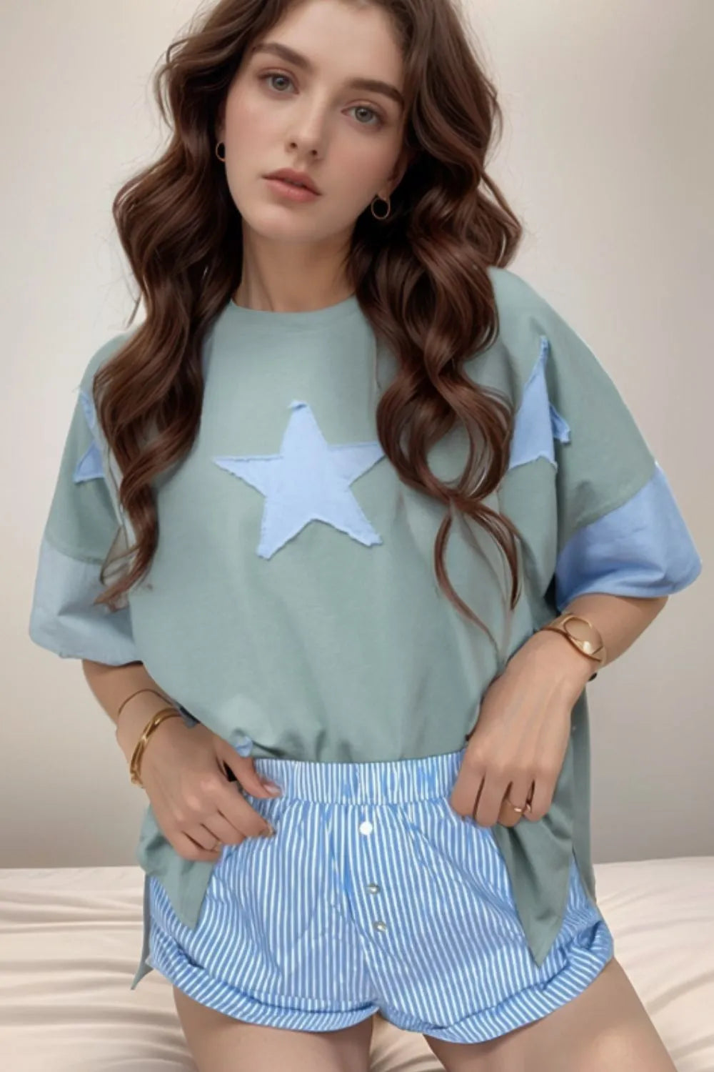 Frayed Denim Star Patched Oversize T Shirt - Grace Beauty H&C 