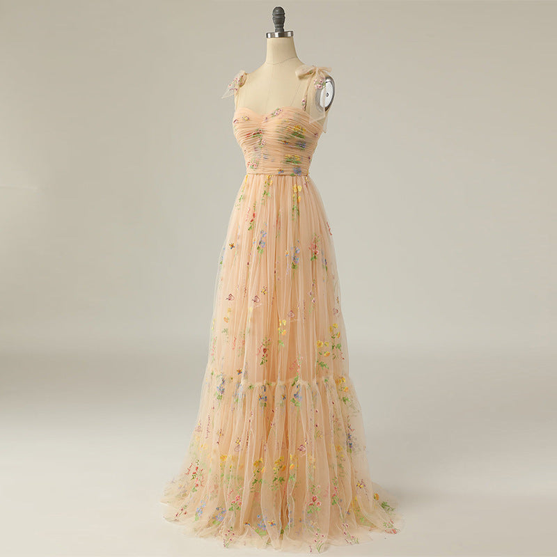 Long Niche Strap Embroidered Heavy Work Floral Dress - Grace Beauty H&C 