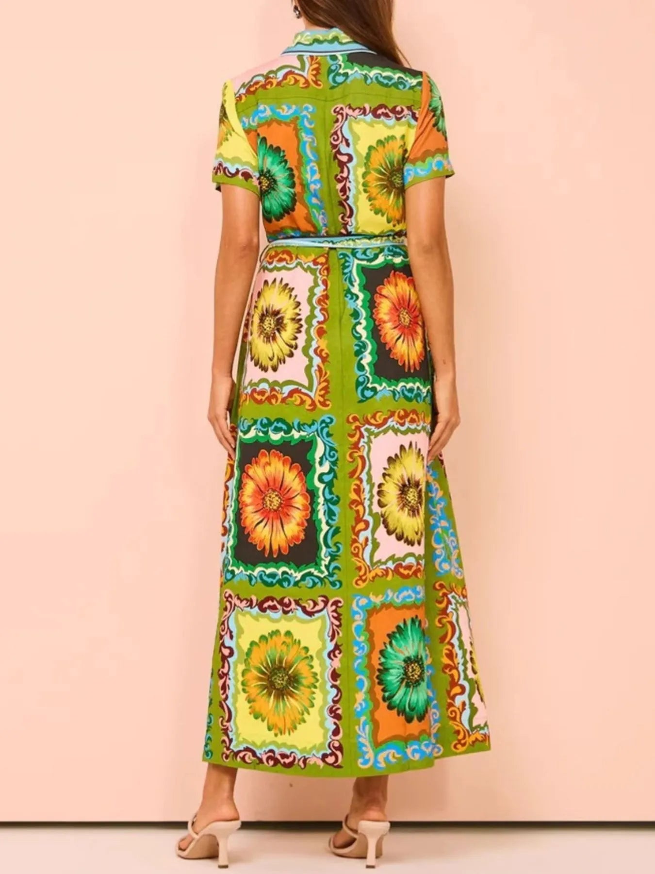 Printed Maxi Shirt Dress with Belt - Grace Beauty H&C 