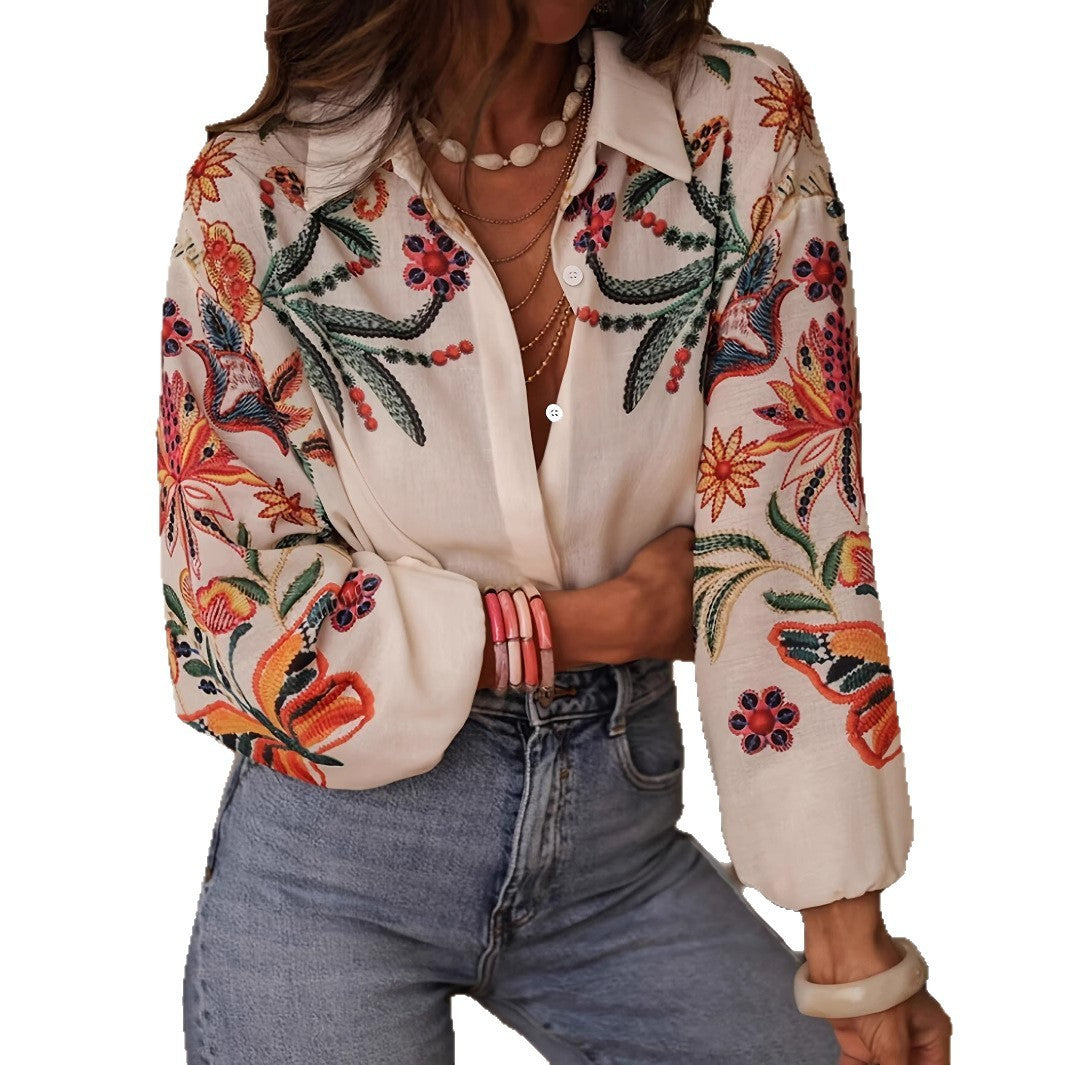 Loose Long Sleeve Printed Shirt Top - Grace Beauty H&C 