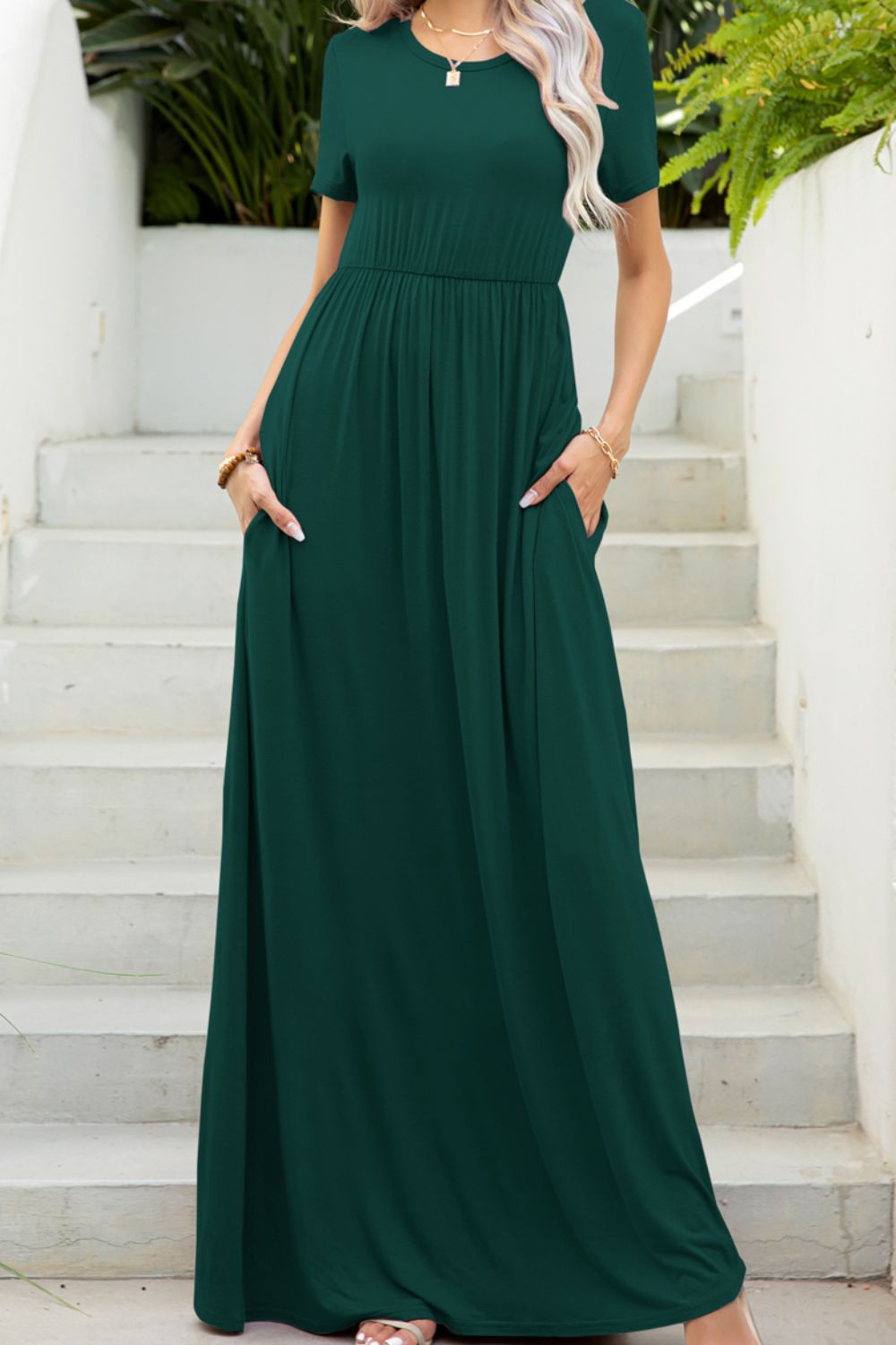 Round Neck Maxi Tee Dress with Pockets - Grace Beauty H&C 