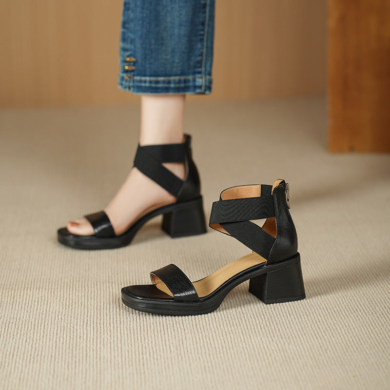 Leather thick-heeled one-strap sandals, high-heeled anti-platform thick-soled sandals, women's shoes, retro style soft soles - Grace Beauty H&C 