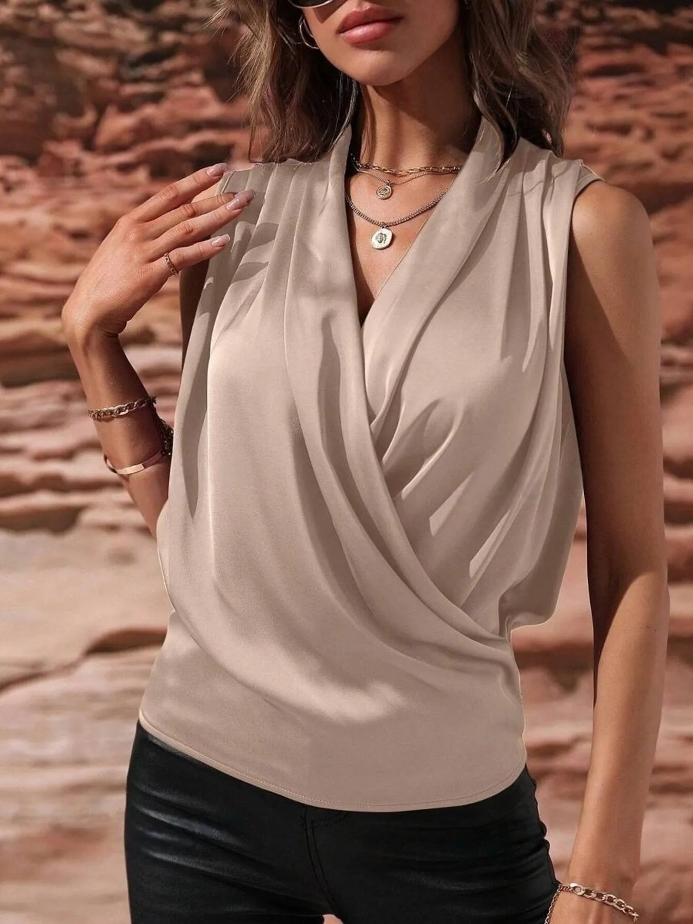 Sleeveless Wrap Draped  Blouse - Grace Beauty H&C 