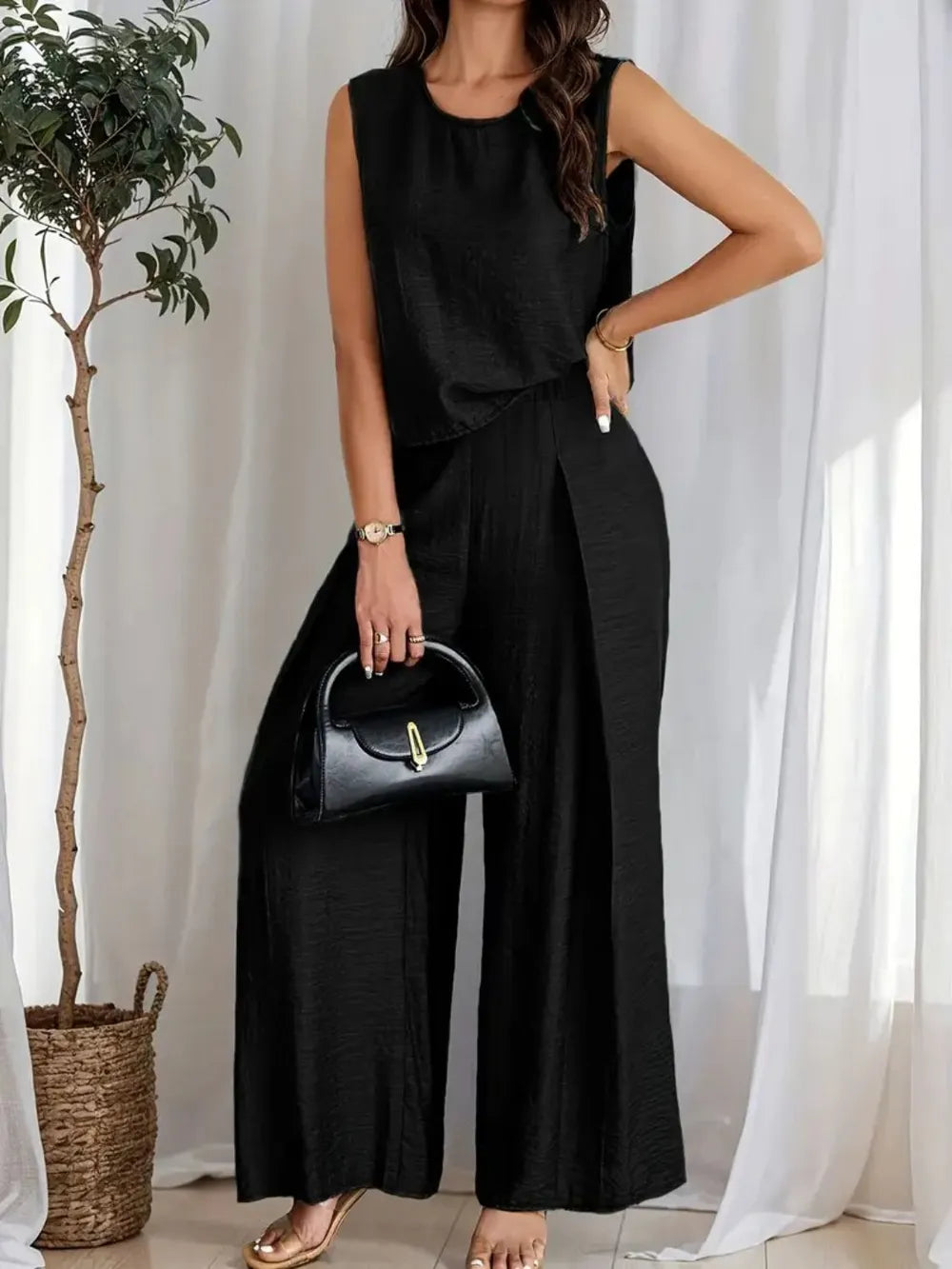 Round Neck Sleeveless Top and Wide Leg Pants Set - Grace Beauty H&C 