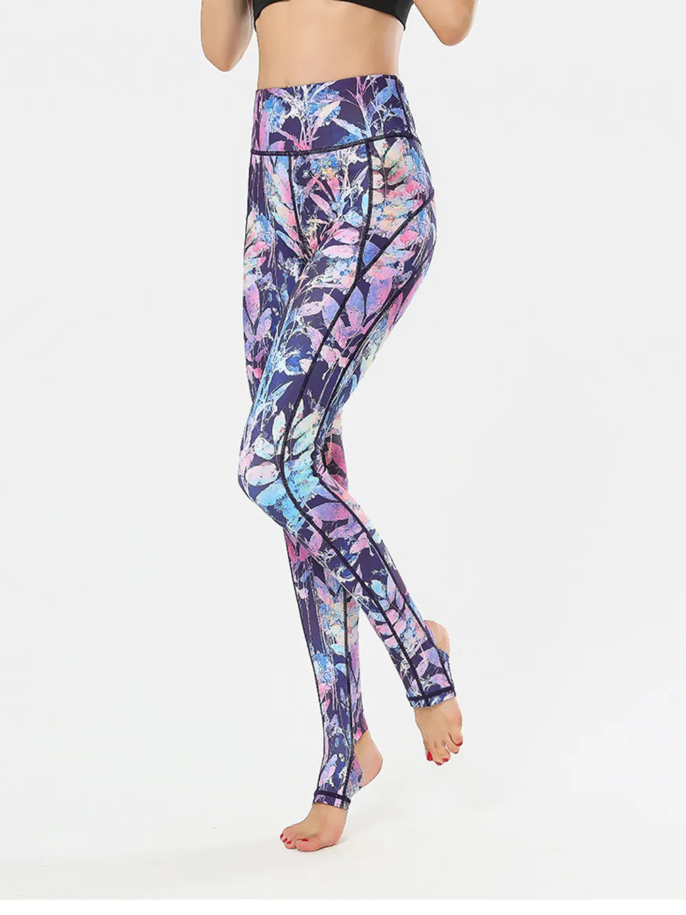 Printed Wide Waistband Active Leggings with Stirrups - Grace Beauty H&C 