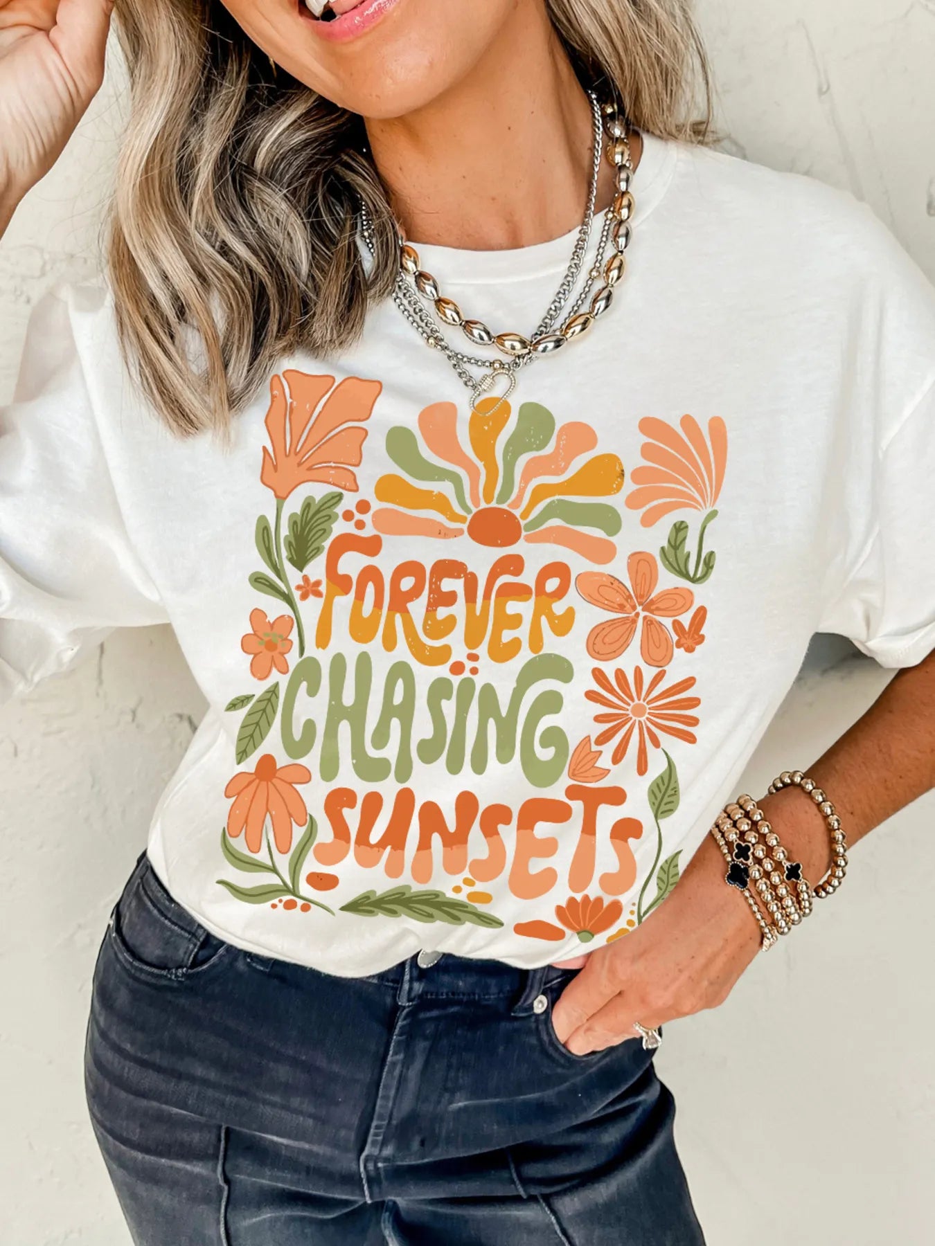 FOREVER CHASING SUNSETS Round Neck T Shirt - Grace Beauty H&C 