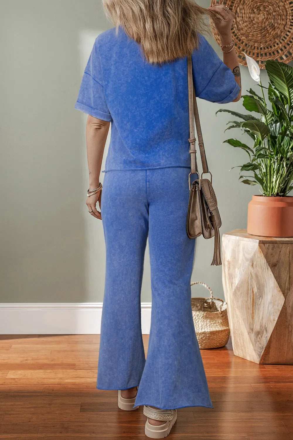 Acid Wash Star Patched Rolled Trim Top and Pants Set - Grace Beauty H&C 