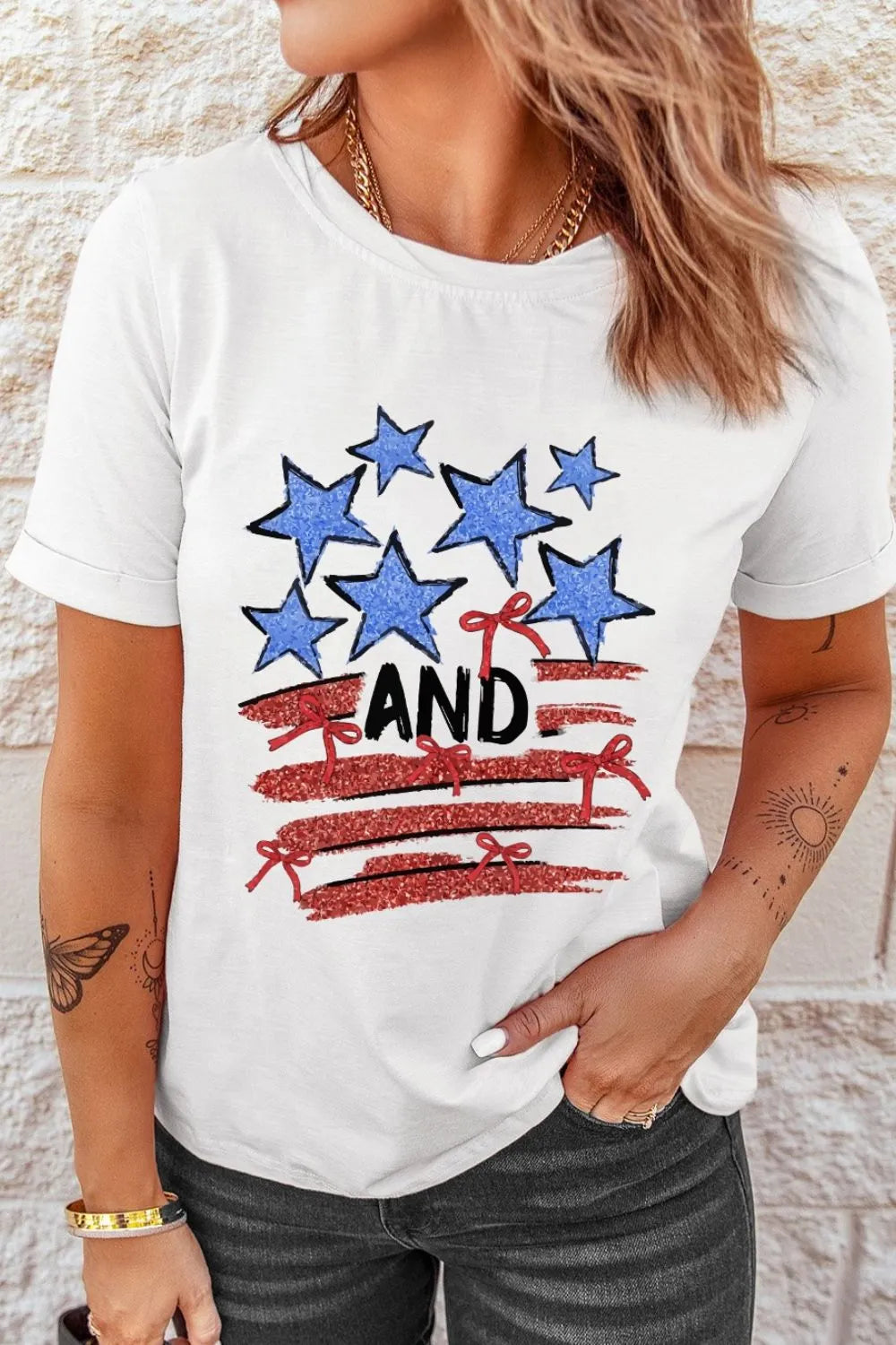 Stars and Stripes Bow Graphic T Shirt - Grace Beauty H&C 