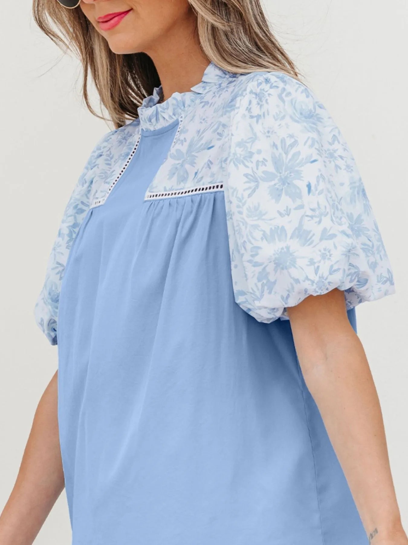 Lace Insert Floral Puff Sleeve Patchwork Loose Blouse - Grace Beauty H&C 
