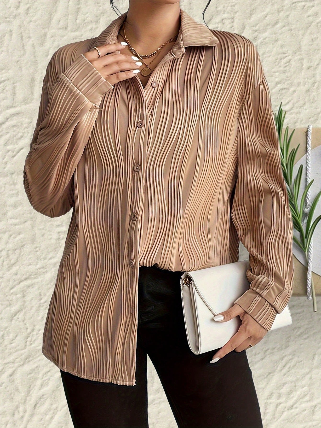 Fashionable Women's Plus Size Shirt With Fold-down Collar And Button Texture - Grace Beauty H&C 