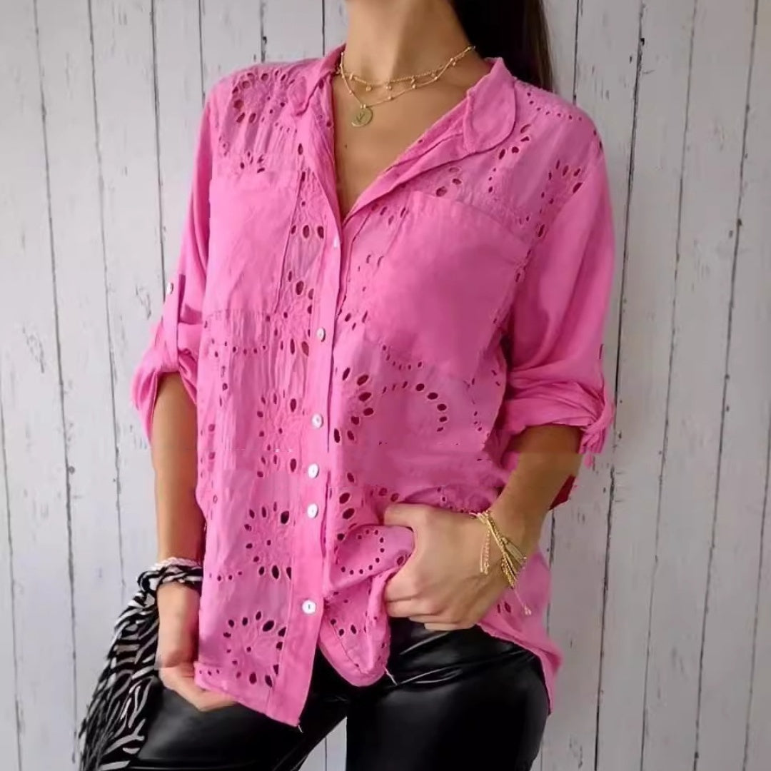 Women's Casual Hollow-out Design Pocket Long Sleeve Button-down Shirt - Grace Beauty H&C 