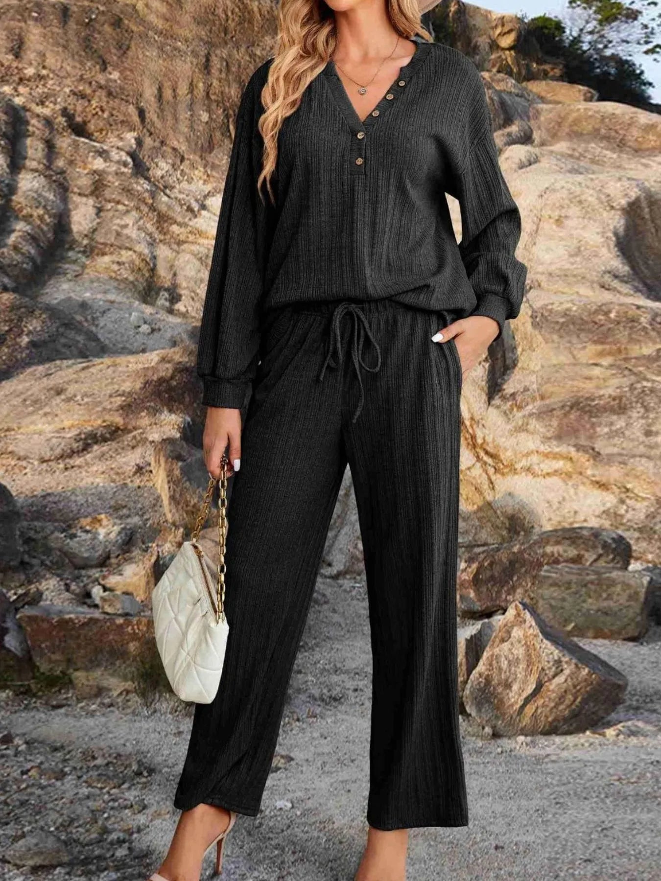 Ribbed Knit Top and Pants Lounge Set with Button Detail - Grace Beauty H&C 
