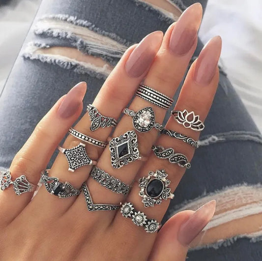 15-Piece Vintage Ring Set – Boho Alloy Stackable Rings for Women - Grace Beauty H&C 
