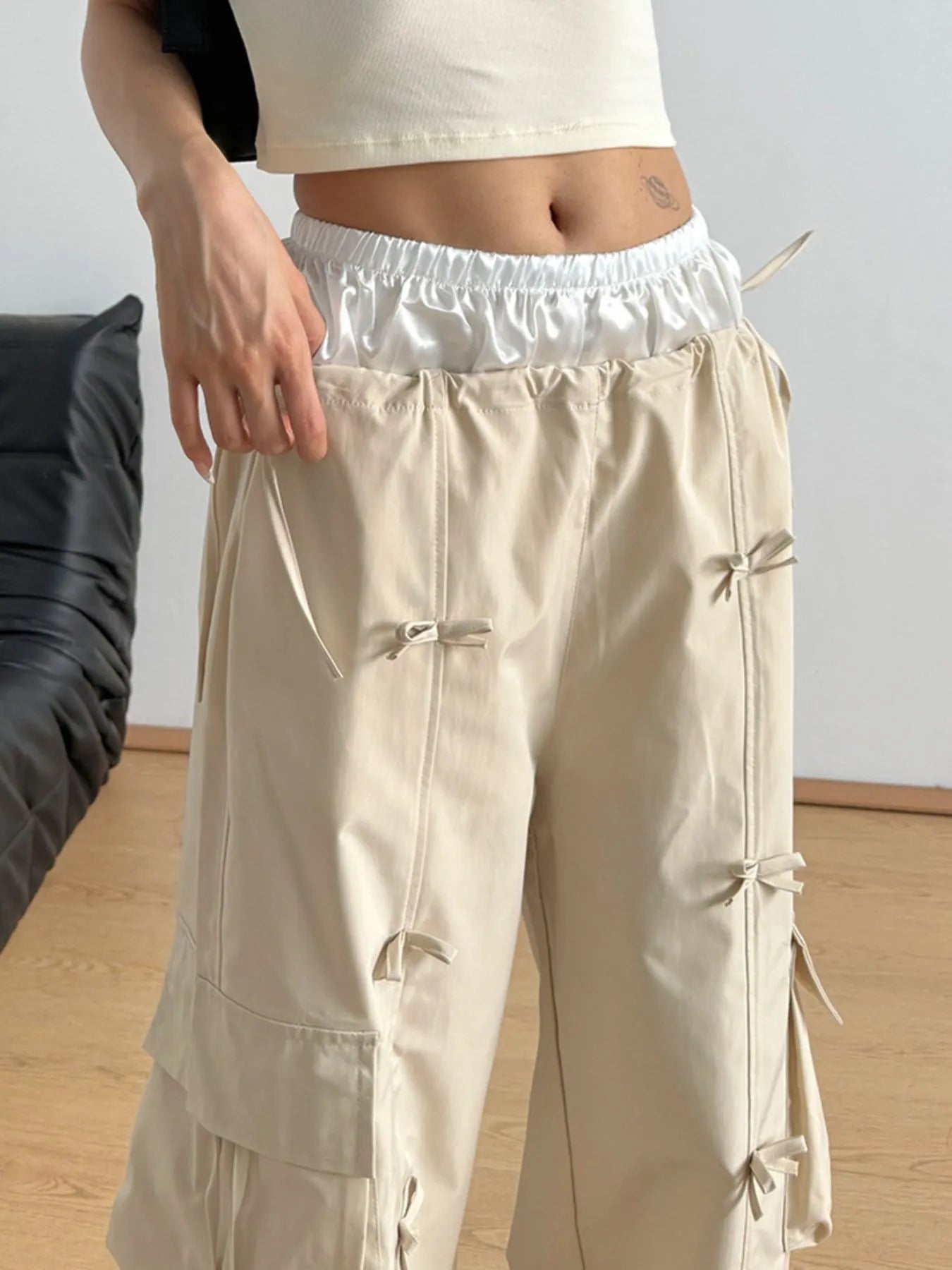 Bow Elastic Waist Cargo Pants - Grace Beauty H&C 