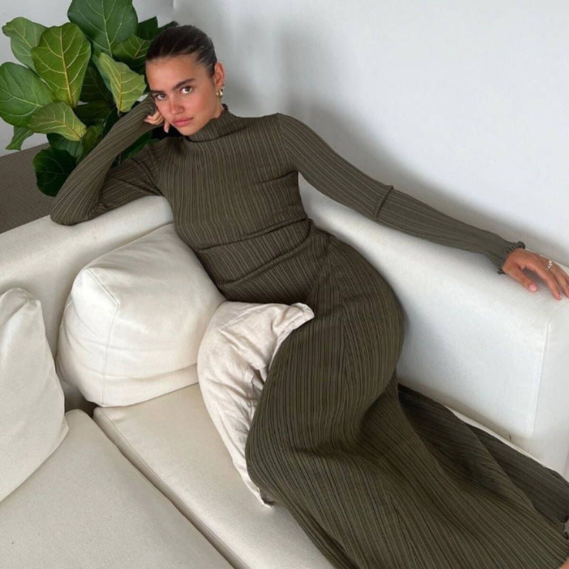 Long Sleeve Knitted Wooden Ear Turtleneck Waist-controlled Slim Fit Slimming Dress - Grace Beauty H&C 