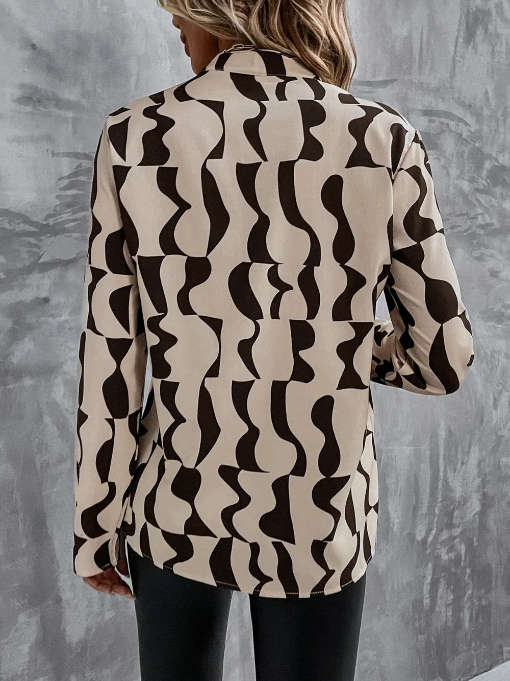 Printed Notched Long Sleeve Blouse - Grace Beauty H&C 