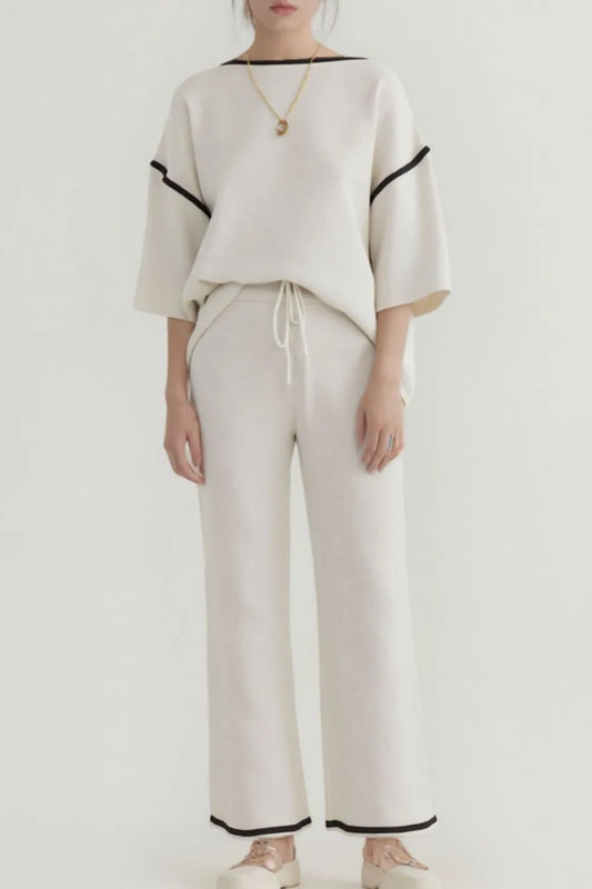 Contrast Trim Round Neck Top and Pants Set - Grace Beauty H&C 