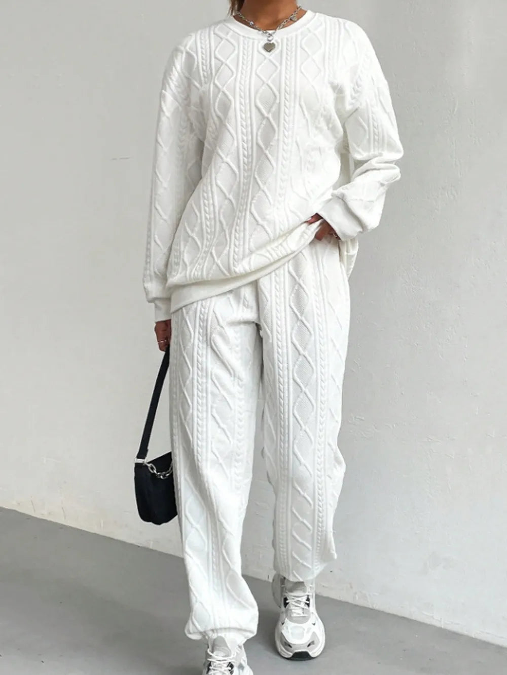 Texture Round Neck Top and Pants Set - Grace Beauty H&C 