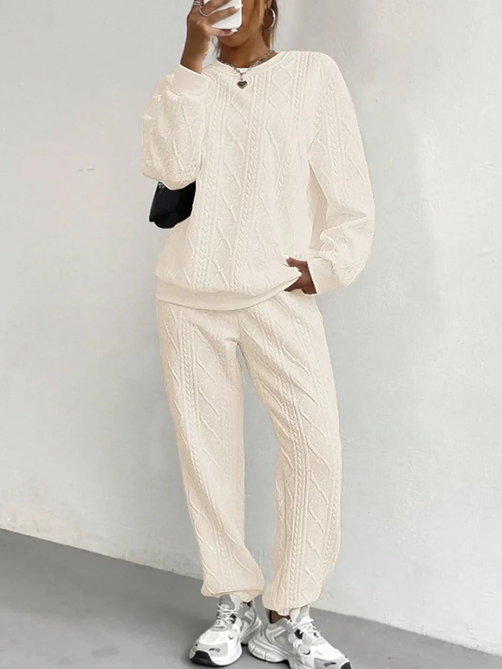 Texture Round Neck Top and Pants Set - Grace Beauty H&C 