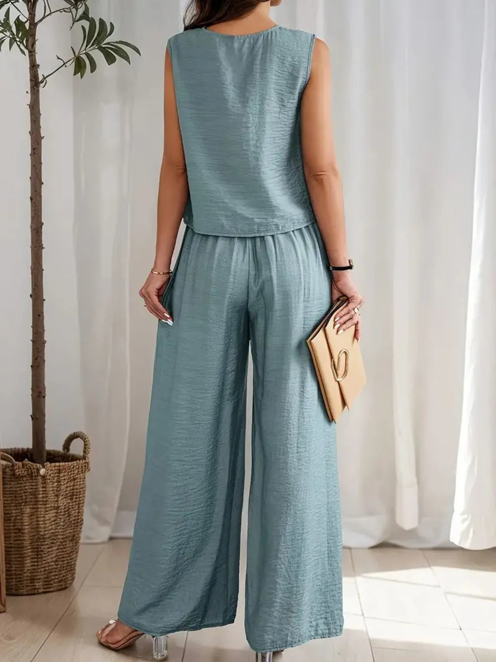 Round Neck Sleeveless Top and Wide Leg Pants Set - Grace Beauty H&C 