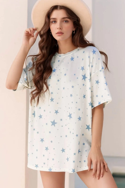 Stars Print Drop Shoulder Oversized T Shirt with Slits - Grace Beauty H&C 