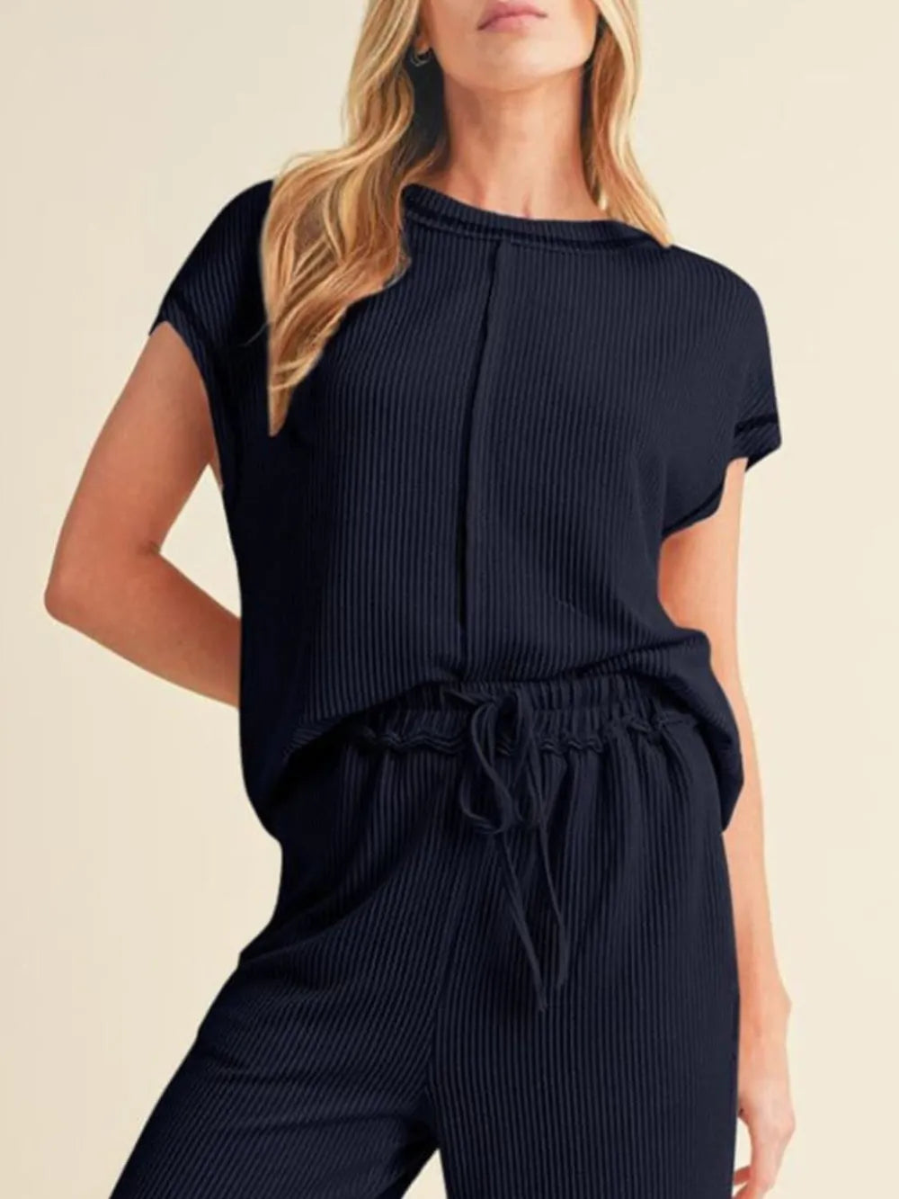 Ribbed Exposed Seam Top and Pants Set - Grace Beauty H&C 