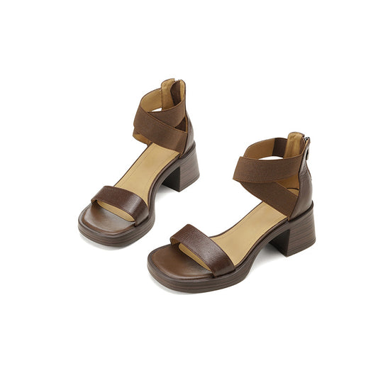 Leather thick-heeled one-strap sandals, high-heeled anti-platform thick-soled sandals, women's shoes, retro style soft soles - Grace Beauty H&C 