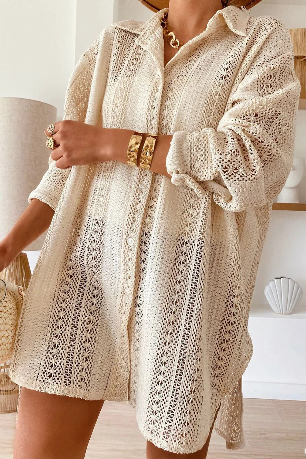Lace Crochet Collared Neck Oversized Shirt - Grace Beauty H&C 