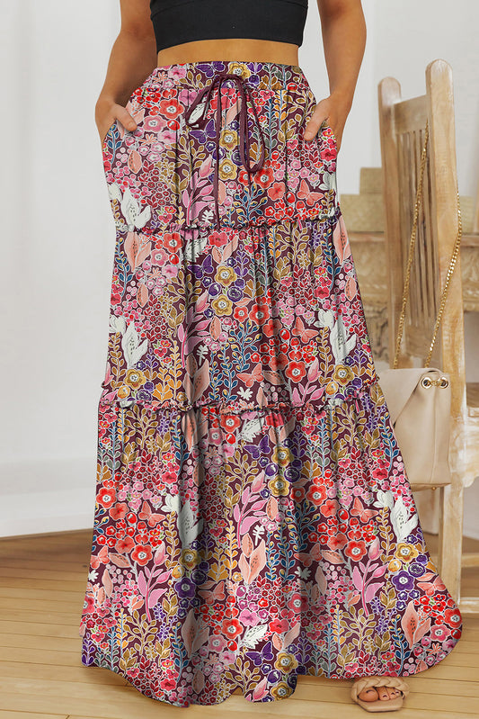Floral Frill Trim Tiered Maxi Skirt - Grace Beauty H&C 