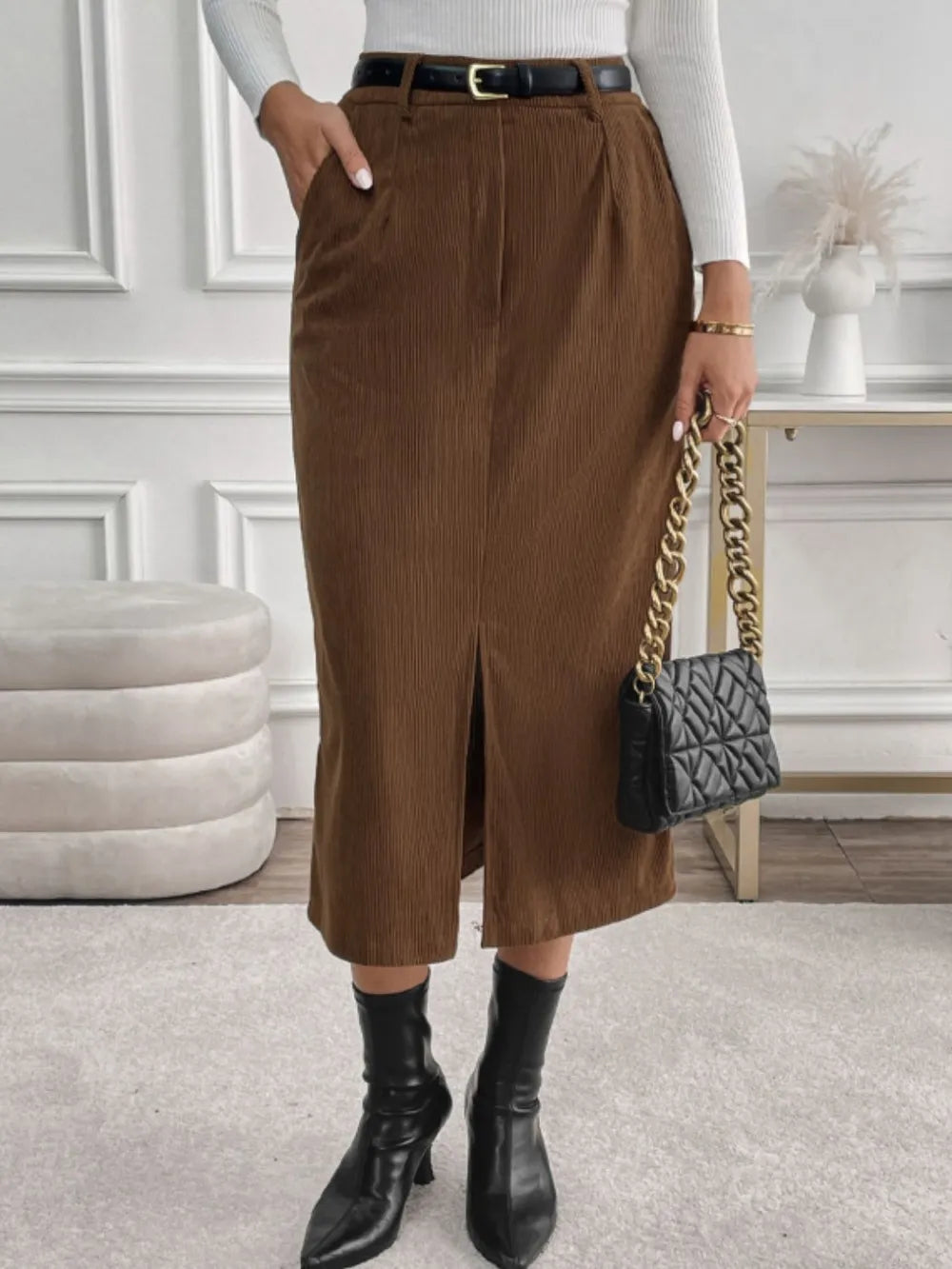 Perfee Slit Midi Skirt with Pockets - Grace Beauty H&C 