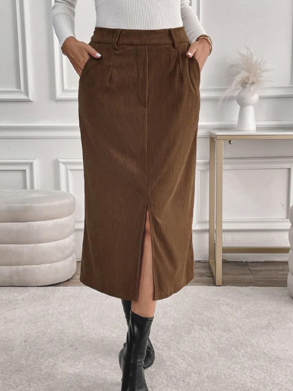 Perfee Slit Midi Skirt with Pockets - Grace Beauty H&C 