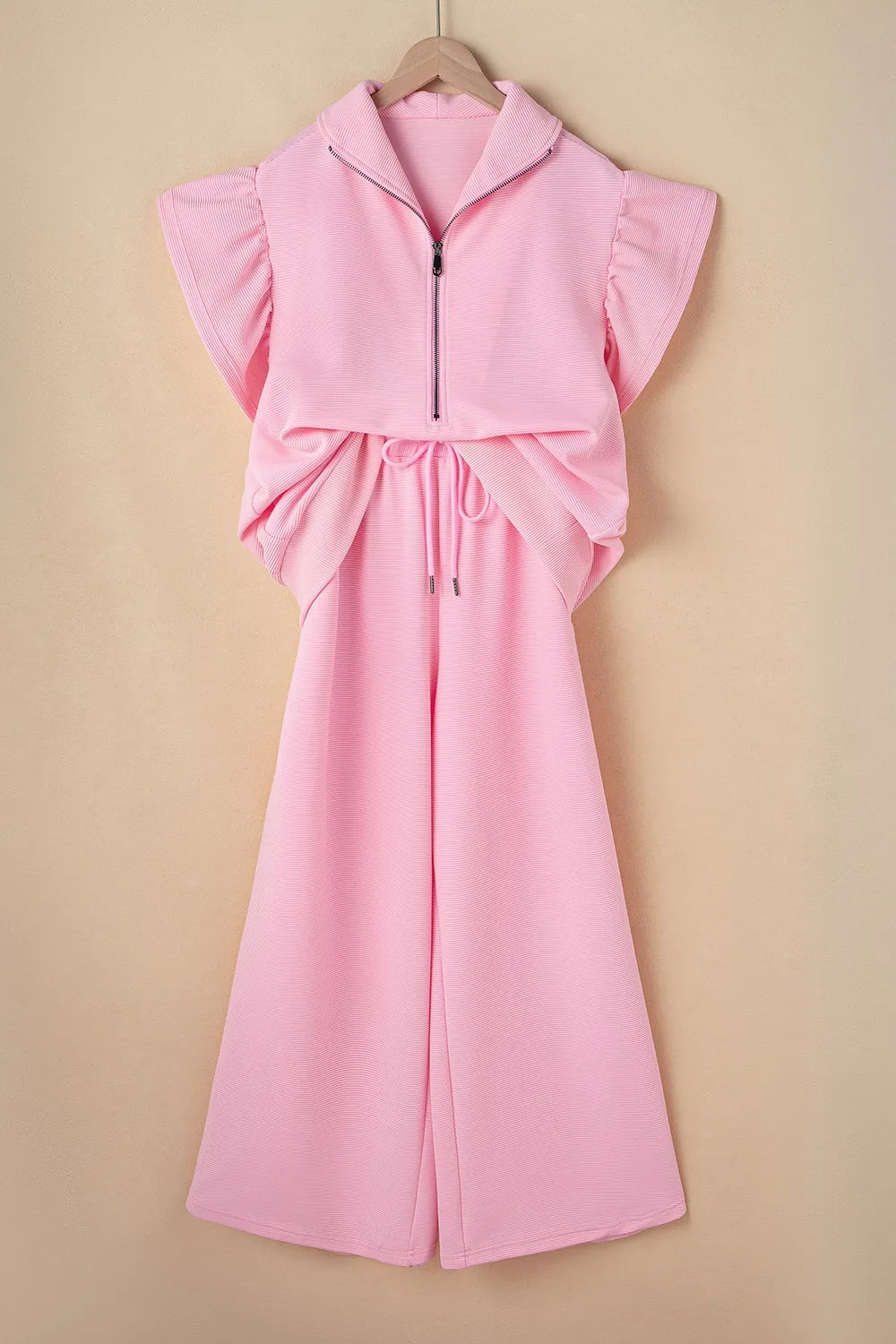 Textured Ruffled Sleeve Zipped Top and Wide Leg Pants Set - Grace Beauty H&C 
