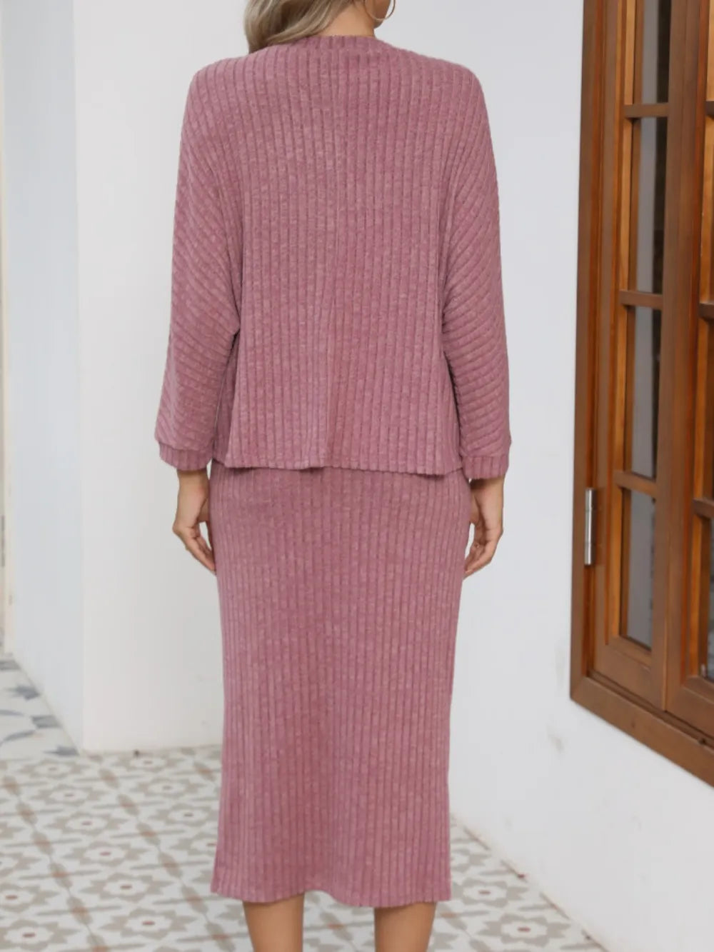 V-Neck Long Sleeve Top and Midi Skirt Set - Grace Beauty H&C 