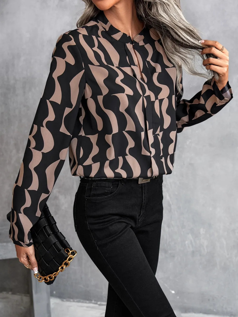 Printed Notched Long Sleeve Blouse - Grace Beauty H&C 