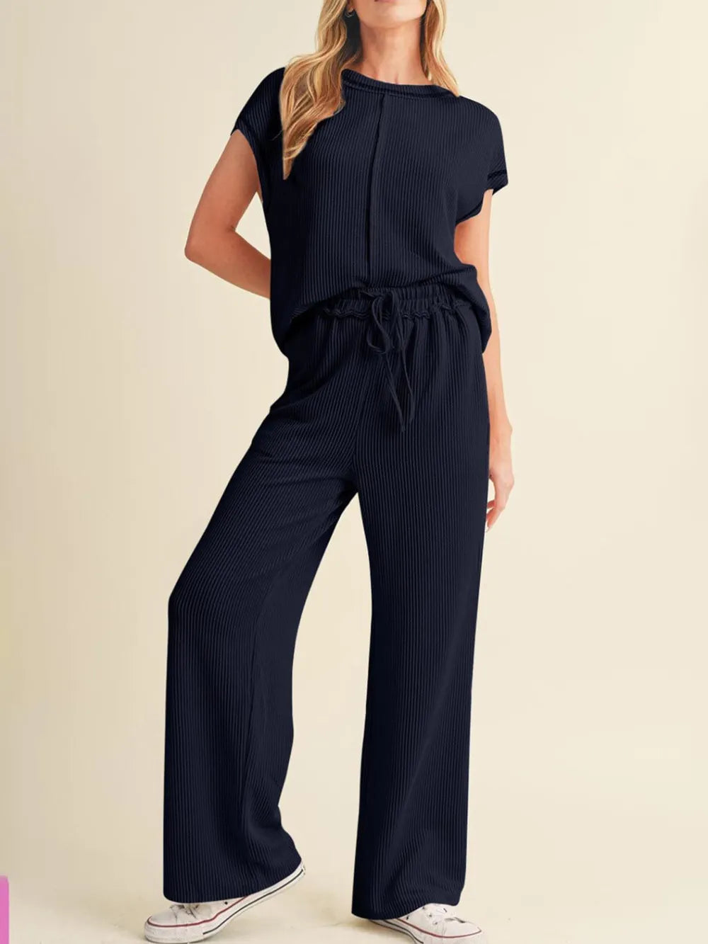 Ribbed Exposed Seam Top and Pants Set - Grace Beauty H&C 