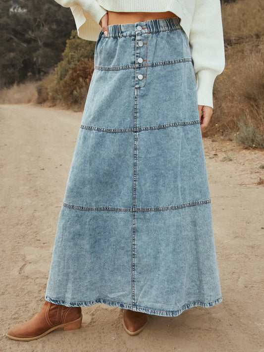 Button-Front Tiered Maxi Denim Skirt - Grace Beauty H&C 