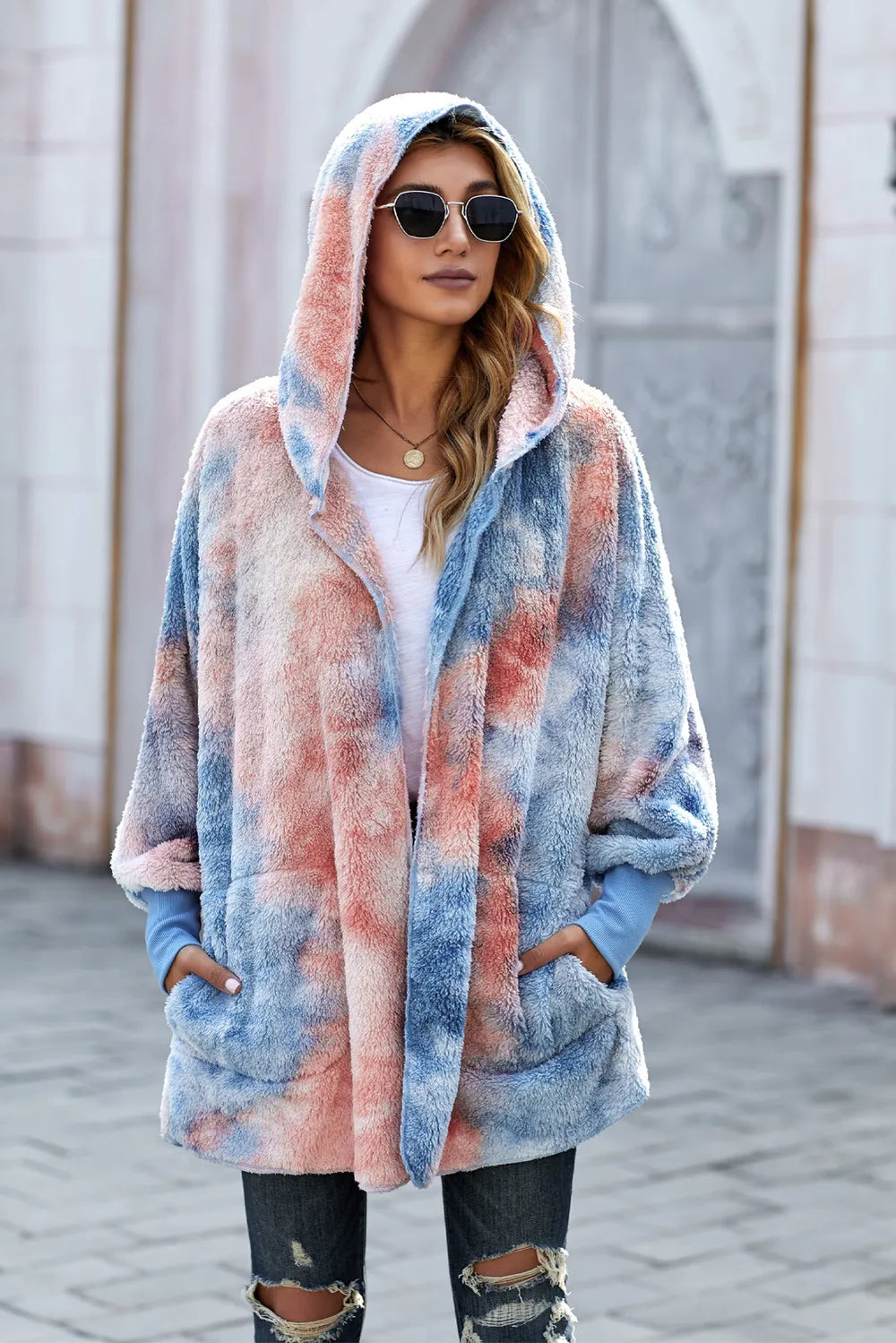 Tie-Dye Plush Hooded Jacket with Pockets - Grace Beauty H&C 