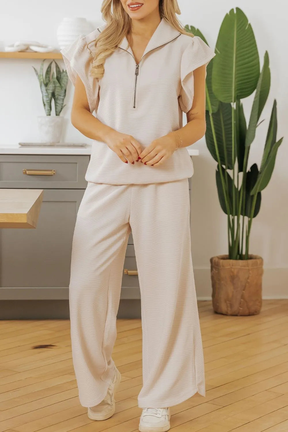 Textured Ruffled Sleeve Zipped Top and Wide Leg Pants Set - Grace Beauty H&C 