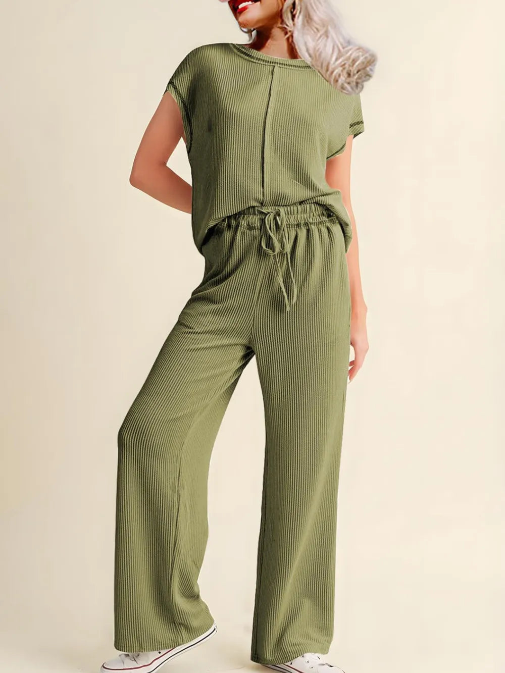 Ribbed Exposed Seam Top and Pants Set - Grace Beauty H&C 