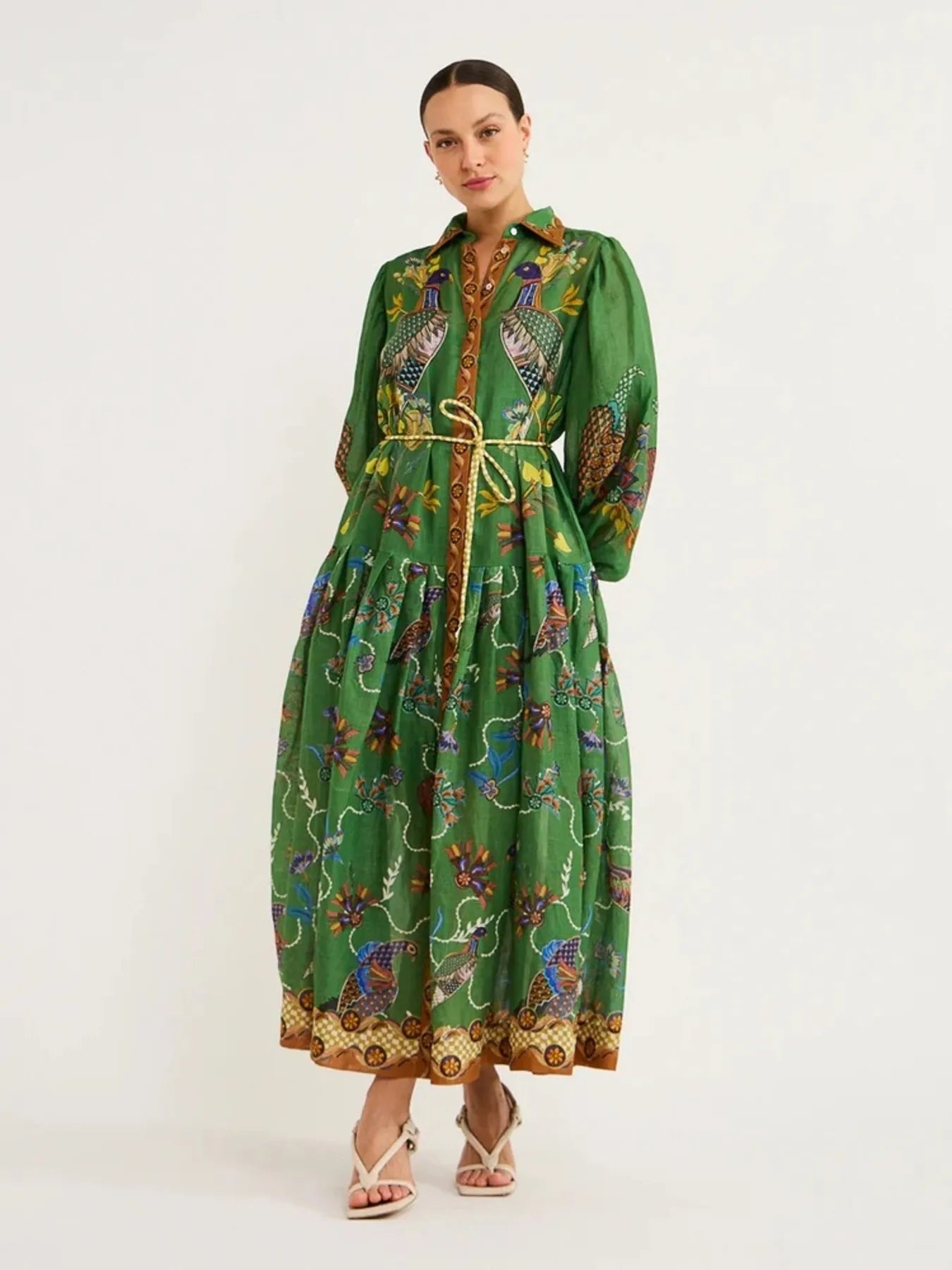 Printed Lantern Sleeve Maxi Shirt Dress - Grace Beauty H&C 