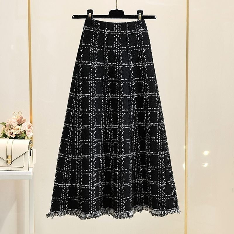 Fringed checkered skirt for women, high-waisted umbrella skirt for autumn and winter, elegant mid-length A-line knitted large hem skirt, versatile and slimming - Grace Beauty H&C 