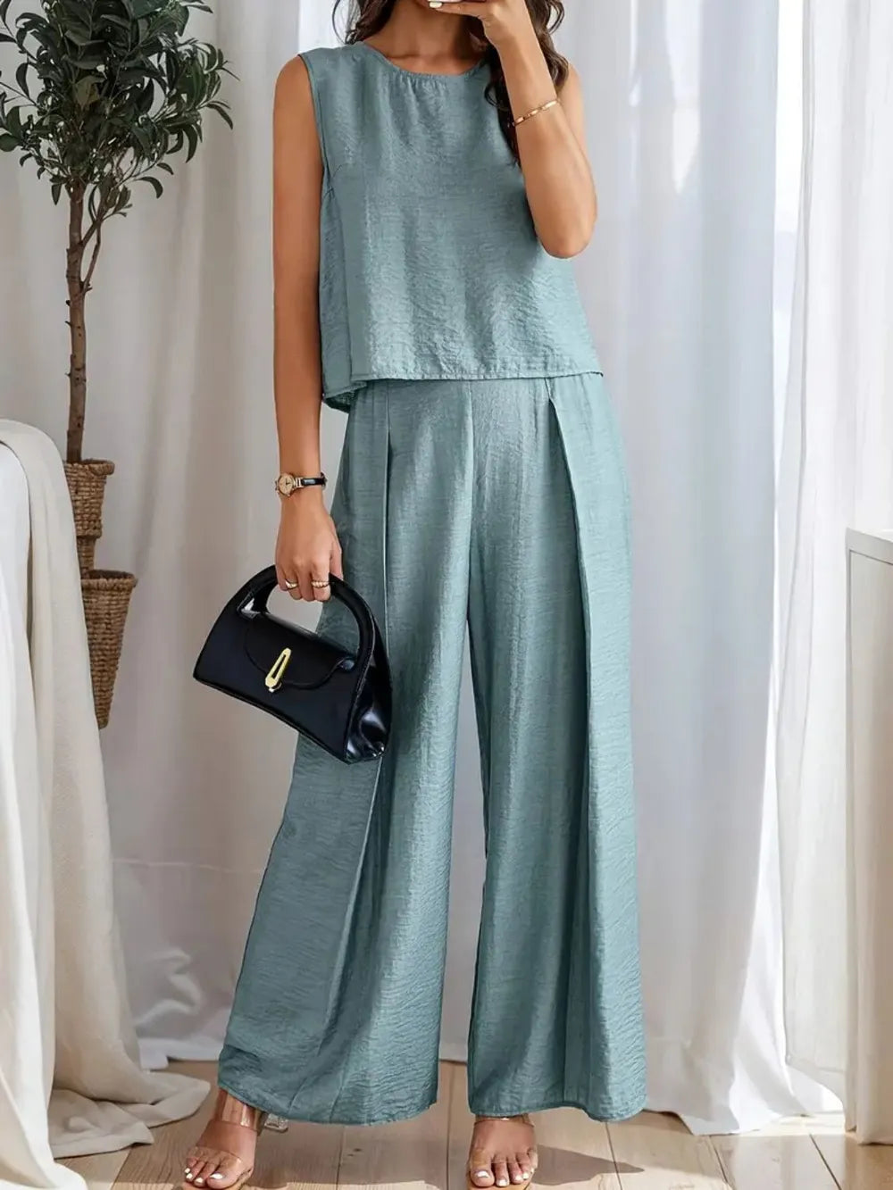 Round Neck Sleeveless Top and Wide Leg Pants Set - Grace Beauty H&C 