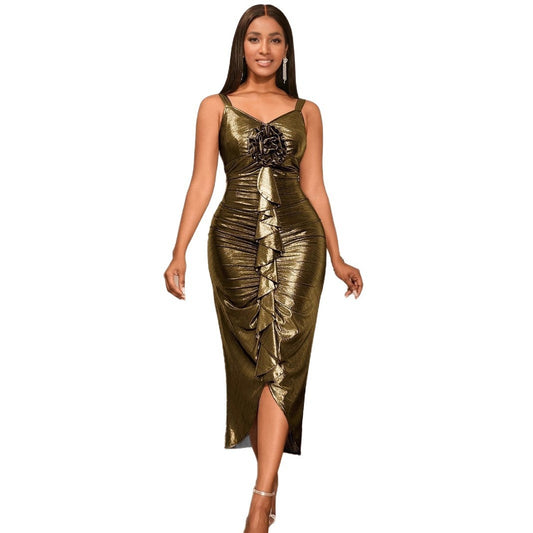 Female Solid Color Summer Sling Golden Party Dress - Grace Beauty H&C 