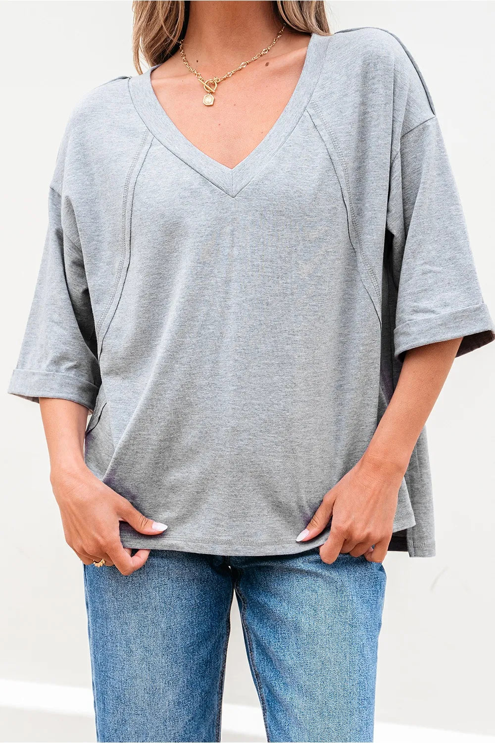 High Raglan Half Sleeve V Neck Oversized T Shirt - Grace Beauty H&C 