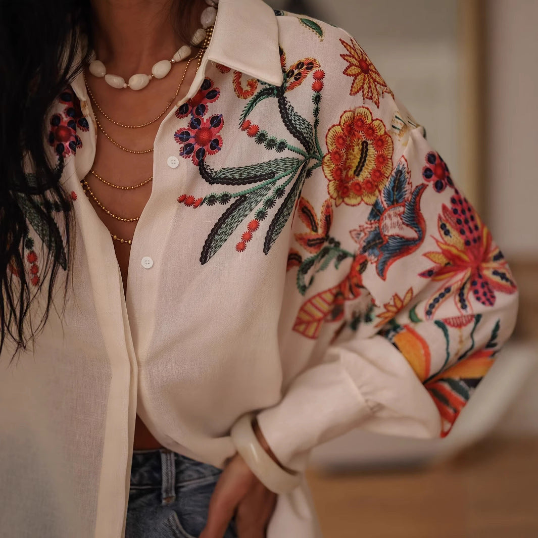 Loose Long Sleeve Printed Shirt Top - Grace Beauty H&C 