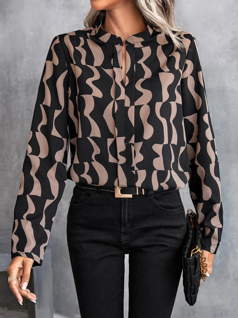 Printed Notched Long Sleeve Blouse - Grace Beauty H&C 