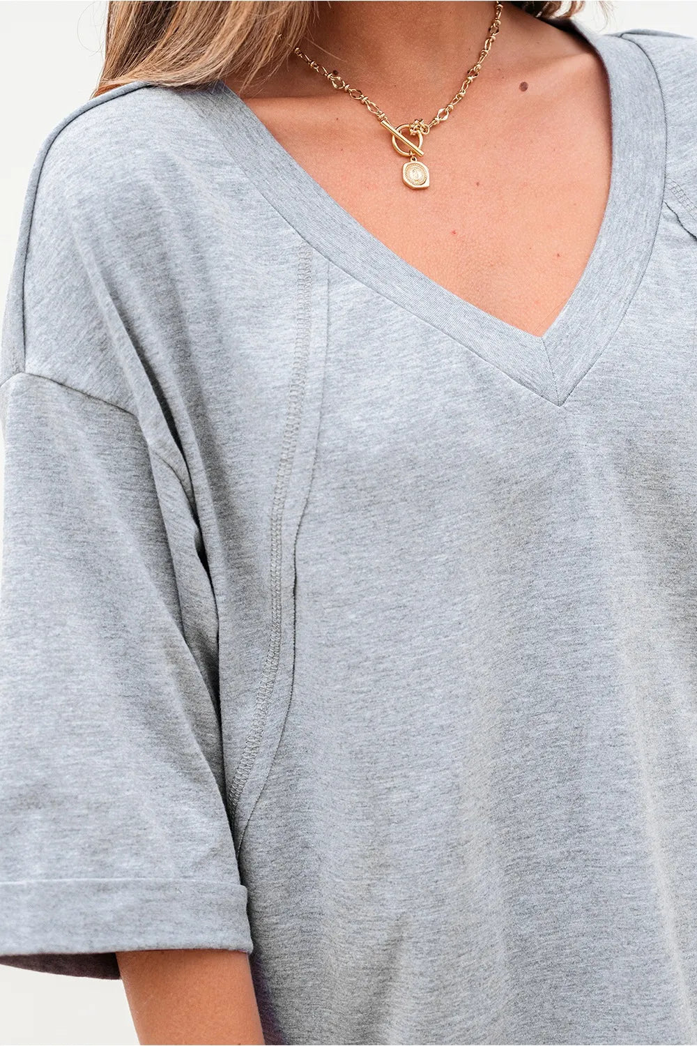 High Raglan Half Sleeve V Neck Oversized T Shirt - Grace Beauty H&C 