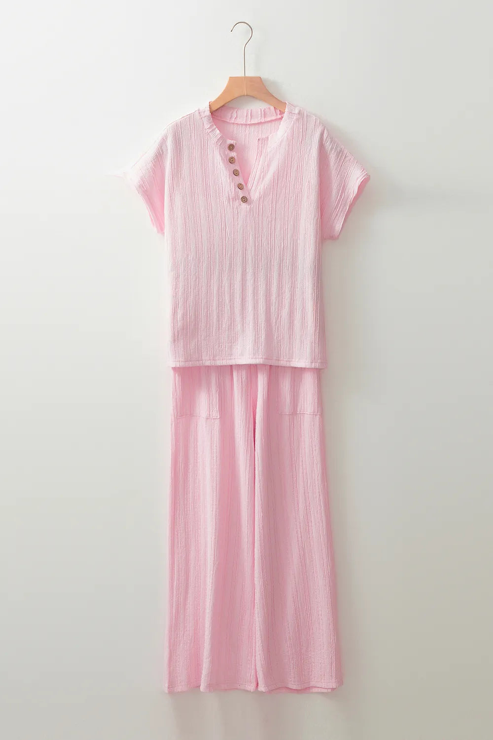 Textured Short Sleeve Top and Pocketed Wide Leg Pants - Grace Beauty H&C 